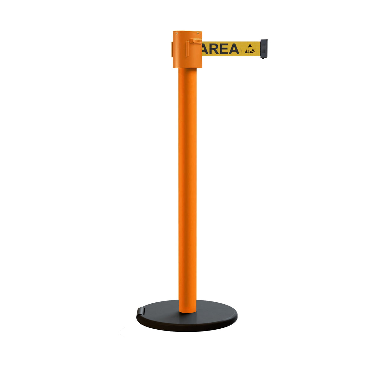 Retractable Belt Barrier Stanchion, Roller Base, Orange Post, 35 ft Belt - Montour Line MSE760 - Crowd Control Warehouse