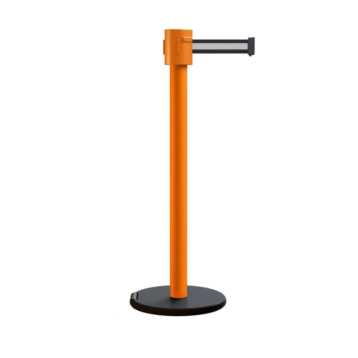 Retractable Belt Barrier Stanchion, Roller Base, Orange Post, 35 ft Belt - Montour Line MSE760 - Crowd Control Warehouse