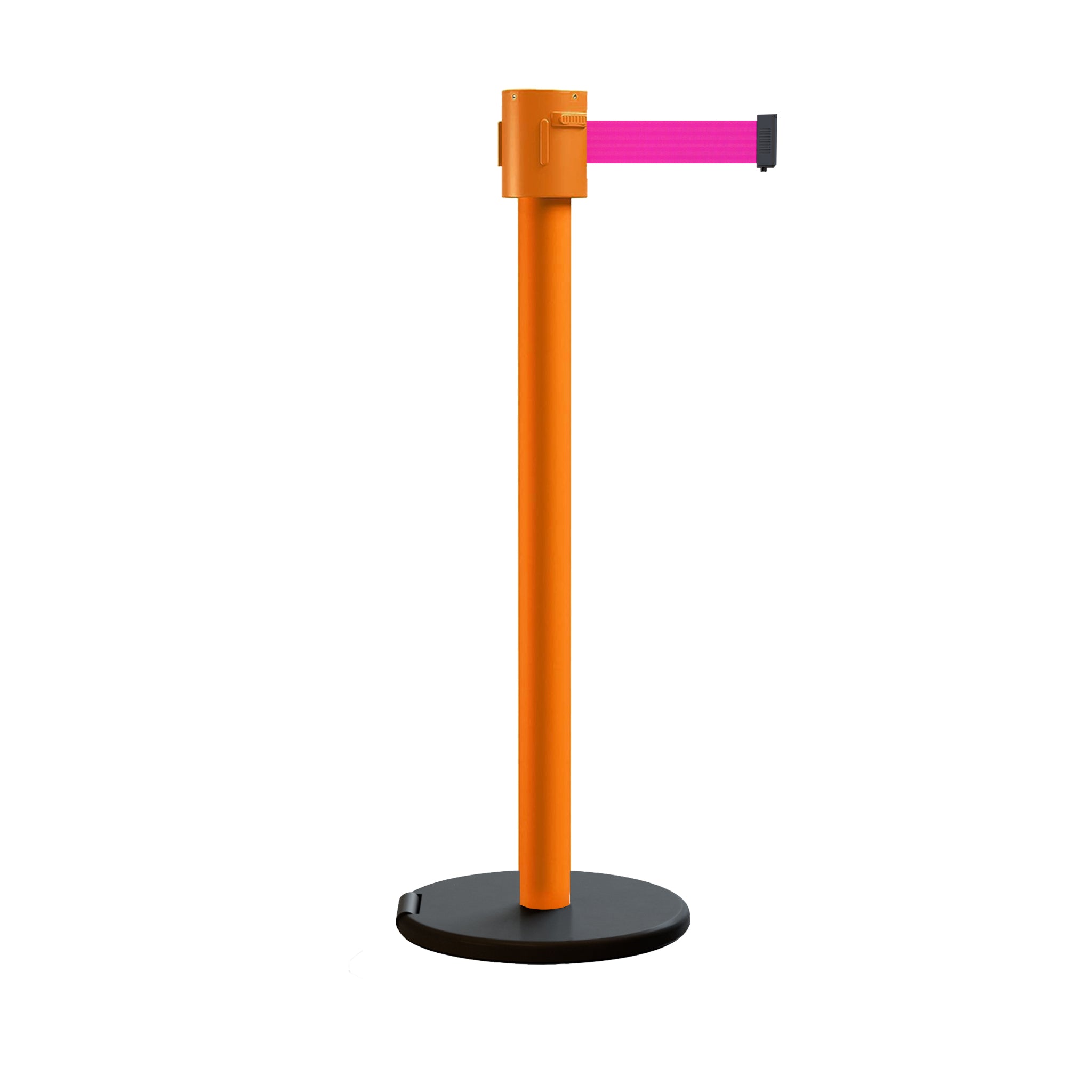 Retractable Belt Barrier Stanchion, Roller Base, Orange Post, 35 ft Belt - Montour Line MSE760 - Crowd Control Warehouse