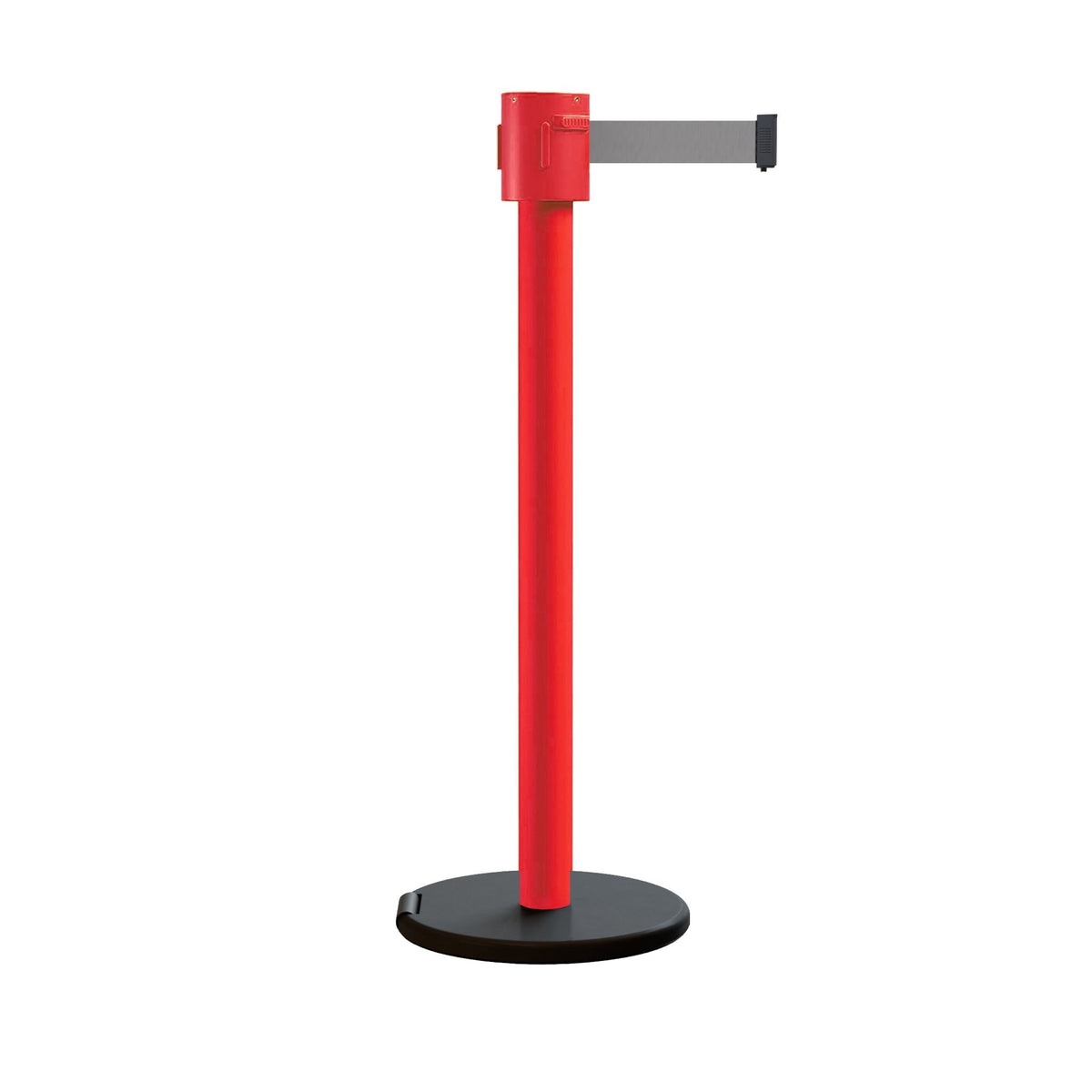 Retractable Belt Barrier Stanchion, Roller Base, Red Post, 35 ft Belt - Montour Line MSE760 - Crowd Control Warehouse