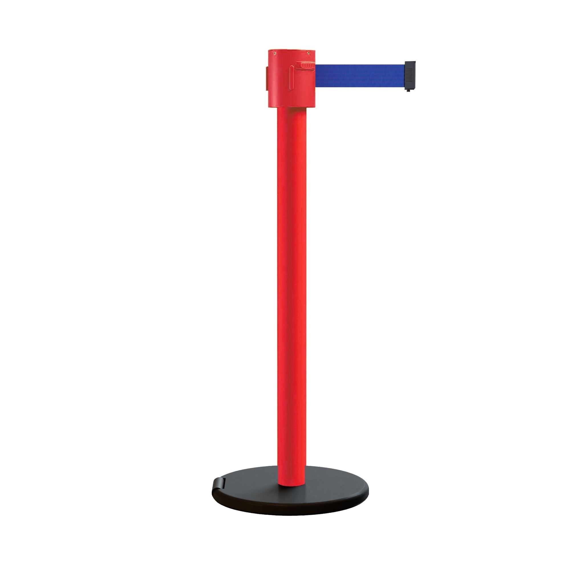 Retractable Belt Barrier Stanchion, Roller Base, Red Post, 35 ft Belt - Montour Line MSE760 - Crowd Control Warehouse