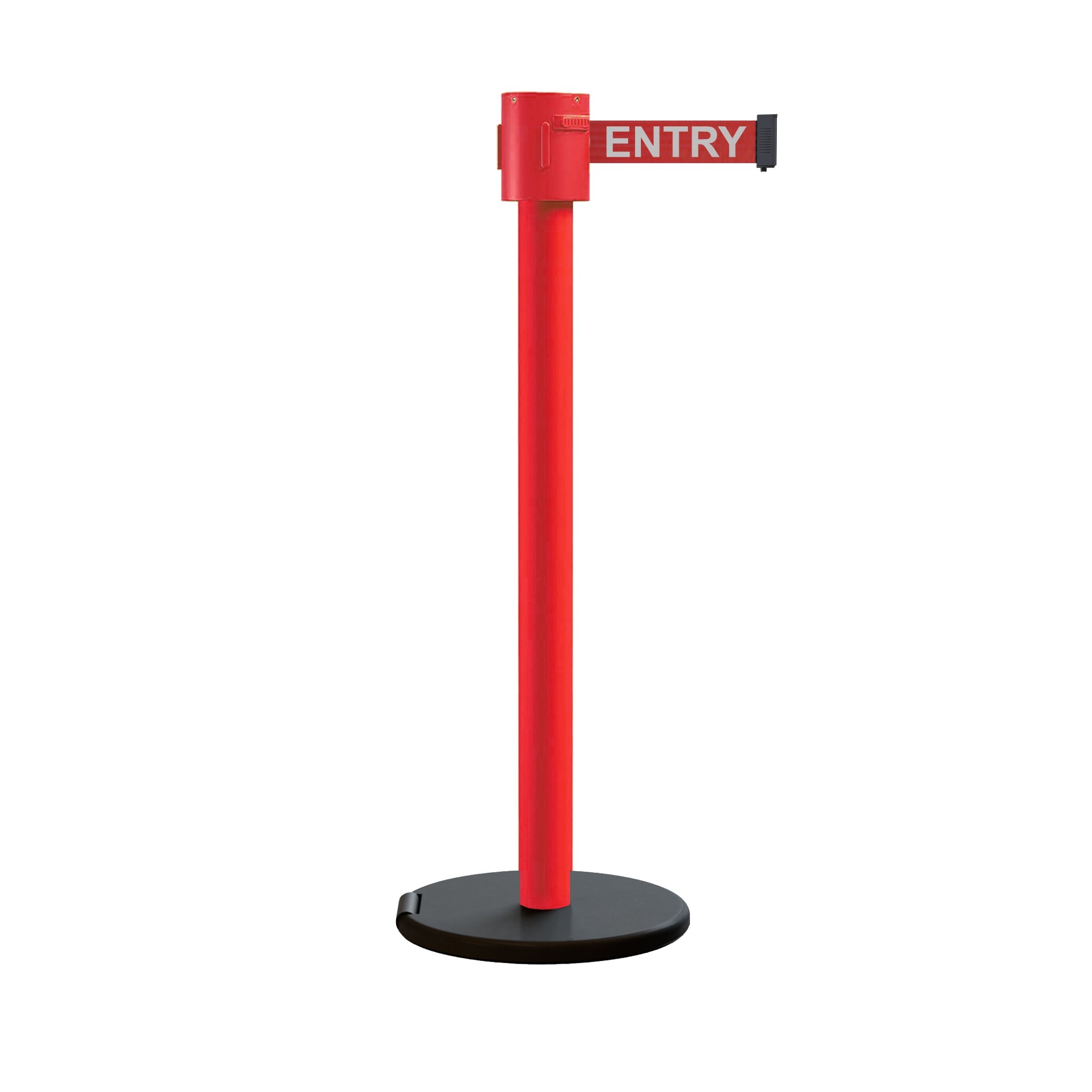 Retractable Belt Barrier Stanchion, Roller Base, Red Post, 35 ft Belt - Montour Line MSE760 - Crowd Control Warehouse