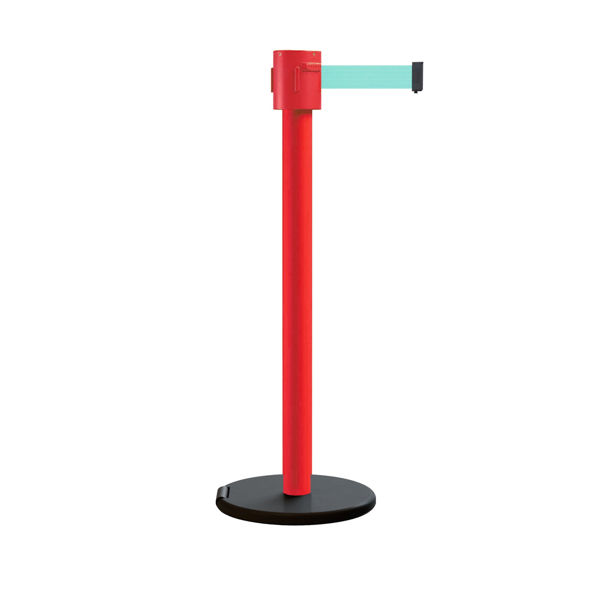 Retractable Belt Barrier Stanchion, Roller Base, Red Post, 35 ft Belt - Montour Line MSE760 - Crowd Control Warehouse