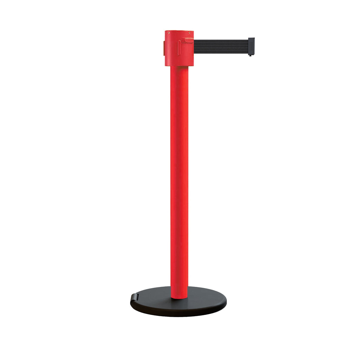 Retractable Belt Barrier Stanchion, Roller Base, Red Post, 35 ft Belt - Montour Line MSE760 - Crowd Control Warehouse