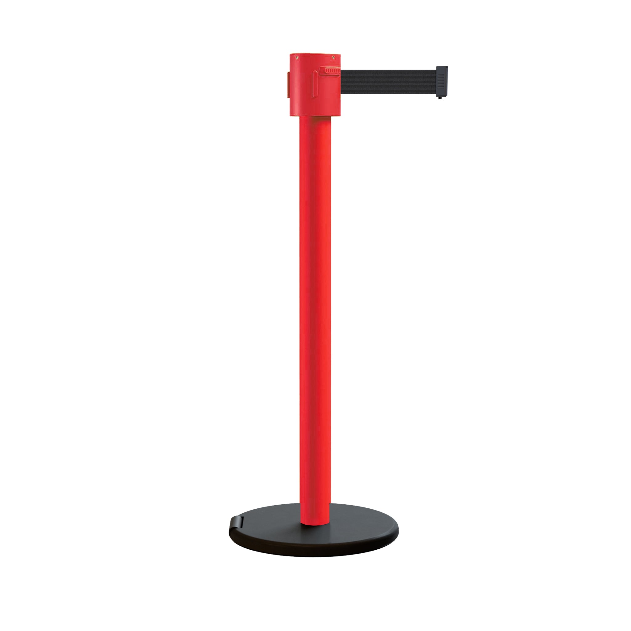 Retractable Belt Barrier Stanchion, Roller Base, Red Post, 35 ft Belt - Montour Line MSE760 - Crowd Control Warehouse
