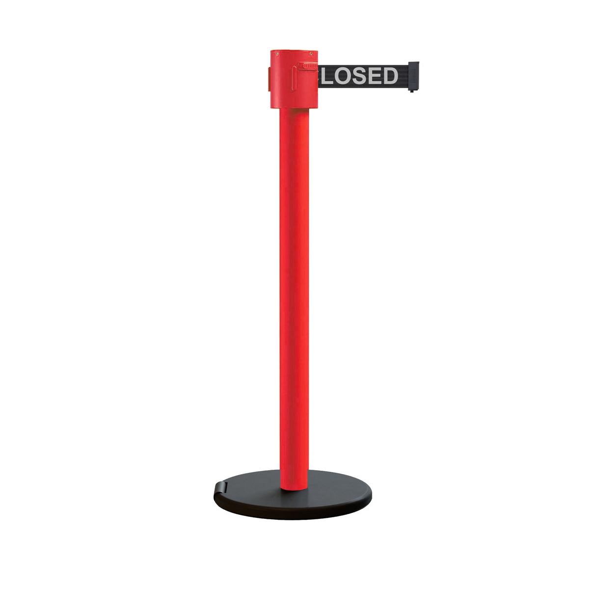 Retractable Belt Barrier Stanchion, Roller Base, Red Post, 35 ft Belt - Montour Line MSE760 - Crowd Control Warehouse