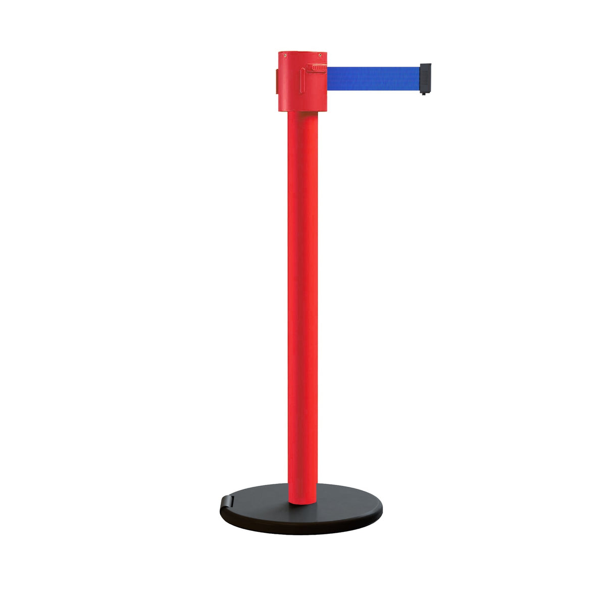 Retractable Belt Barrier Stanchion, Roller Base, Red Post, 35 ft Belt - Montour Line MSE760 - Crowd Control Warehouse
