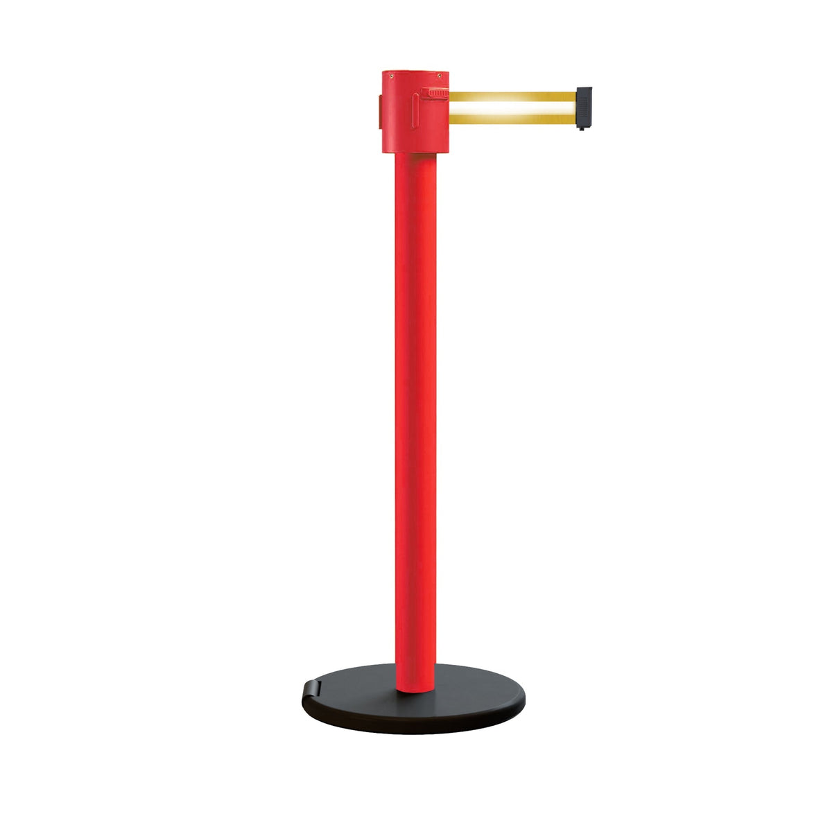 Retractable Belt Barrier Stanchion, Roller Base, Red Post, 35 ft Belt - Montour Line MSE760 - Crowd Control Warehouse
