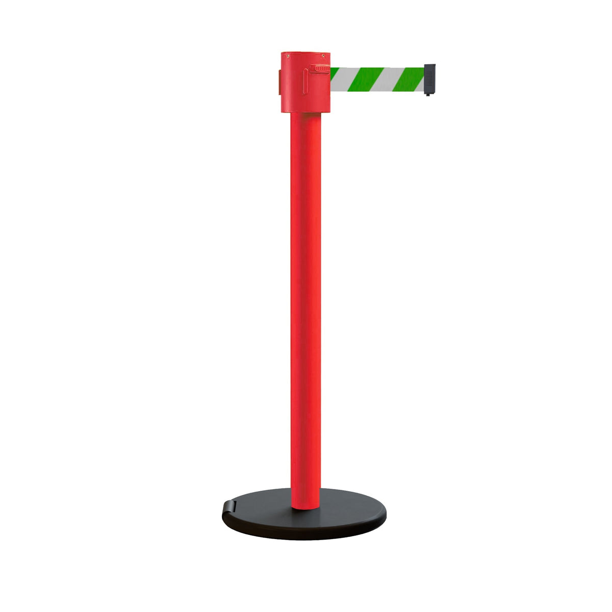 Retractable Belt Barrier Stanchion, Roller Base, Red Post, 35 ft Belt - Montour Line MSE760 - Crowd Control Warehouse