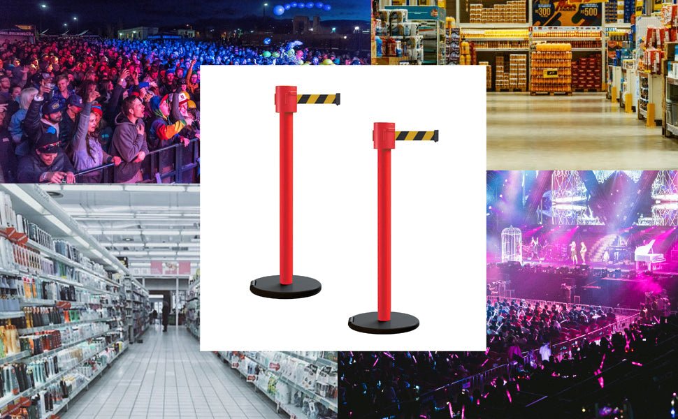Retractable Belt Barrier Stanchion, Roller Base, Red Post, 35 ft Belt - Montour Line MSE760 - Crowd Control Warehouse