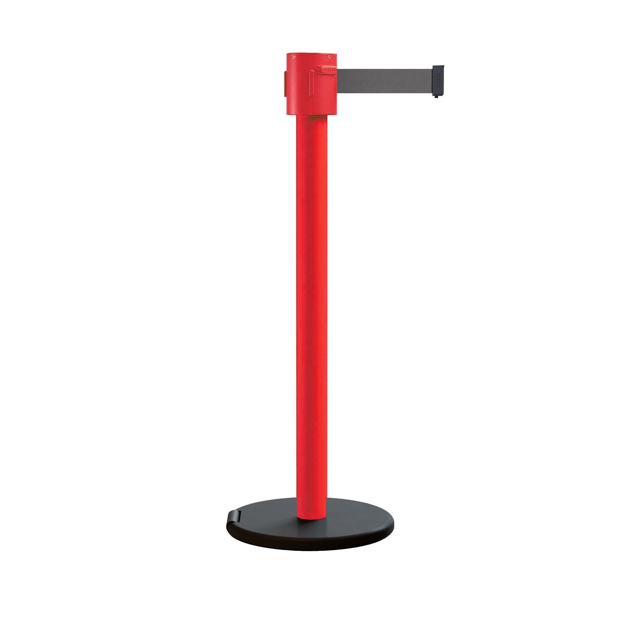 Retractable Belt Barrier Stanchion, Roller Base, Red Post, 35 ft Belt - Montour Line MSE760 - Crowd Control Warehouse