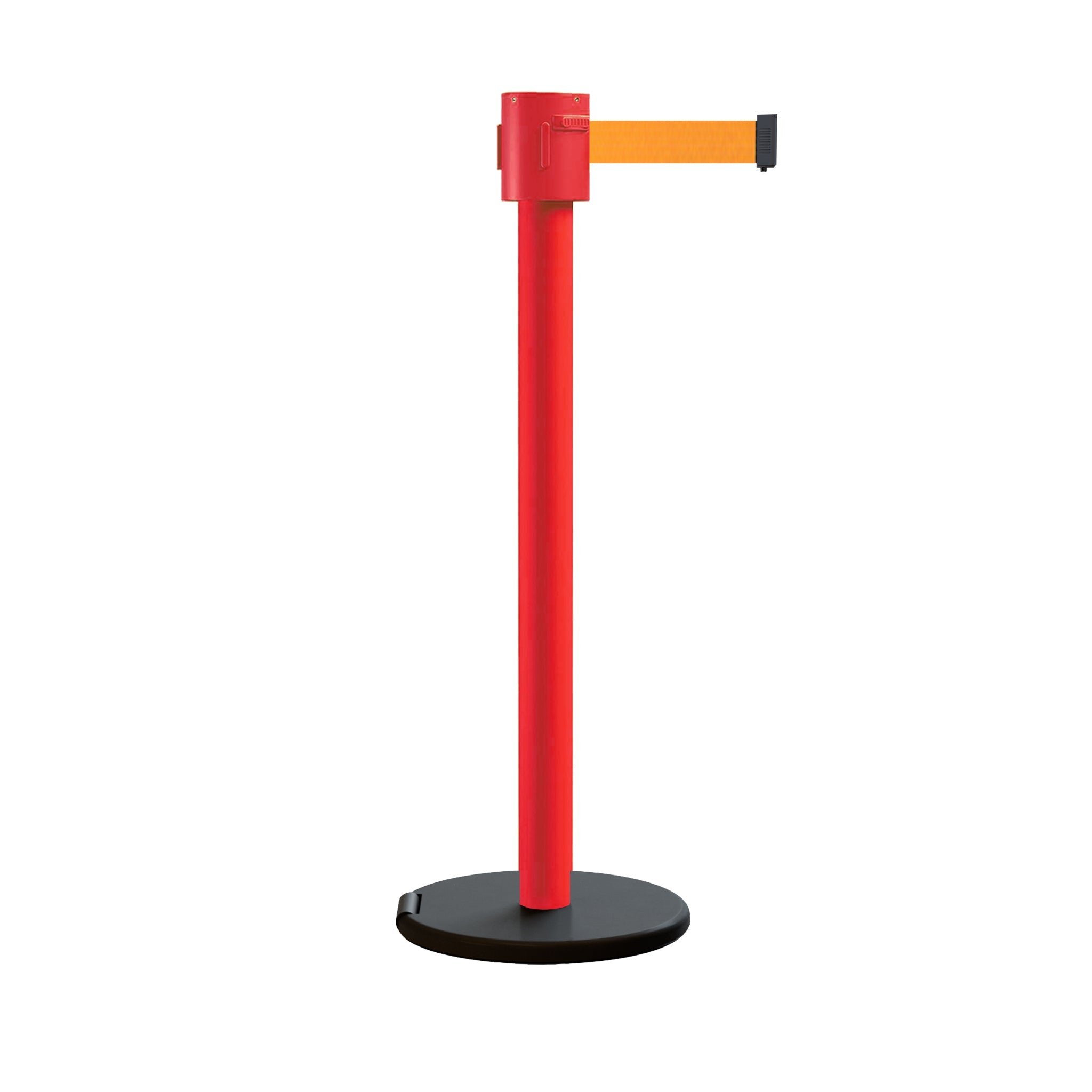 Retractable Belt Barrier Stanchion, Roller Base, Red Post, 35 ft Belt - Montour Line MSE760 - Crowd Control Warehouse