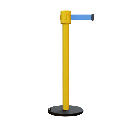 Retractable Belt Barrier Stanchion, Roller Base, Yellow Post, 35 ft Belt - Montour Line MSE760 - Crowd Control Warehouse