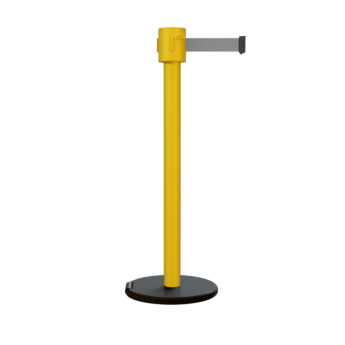 Retractable Belt Barrier Stanchion, Roller Base, Yellow Post, 35 ft Belt - Montour Line MSE760 - Crowd Control Warehouse
