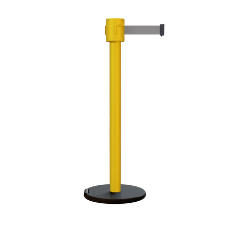 Retractable Belt Barrier Stanchion, Roller Base, Yellow Post, 35 ft Belt - Montour Line MSE760 - Crowd Control Warehouse