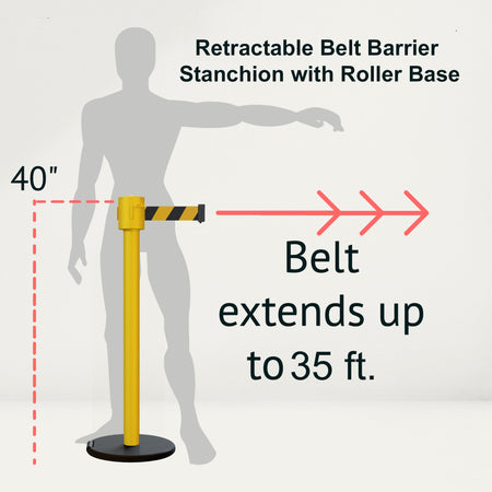 Retractable Belt Barrier Stanchion, Roller Base, Yellow Post, 35 ft Belt - Montour Line MSE760 - Crowd Control Warehouse