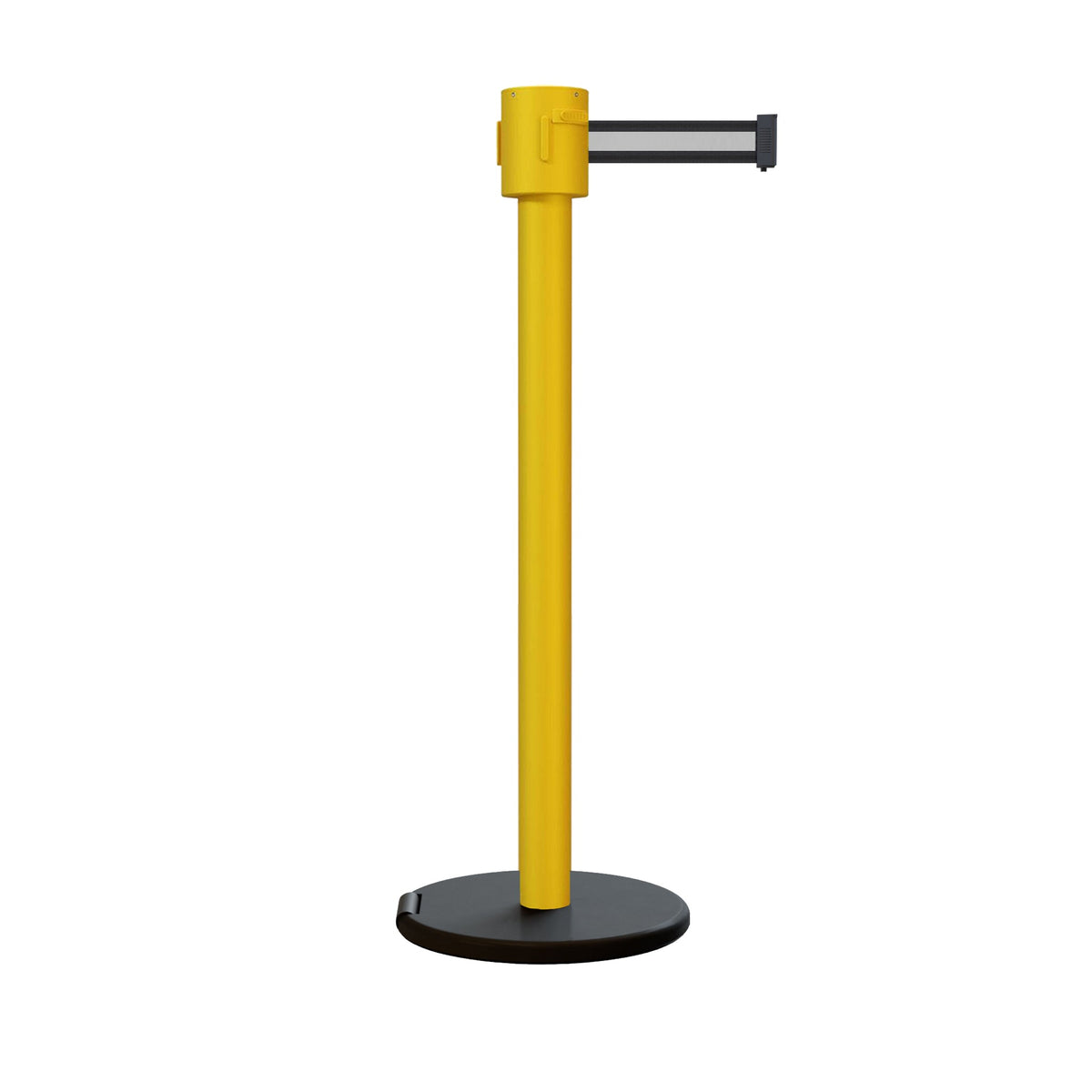 Retractable Belt Barrier Stanchion, Roller Base, Yellow Post, 35 ft Belt - Montour Line MSE760 - Crowd Control Warehouse