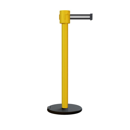 Retractable Belt Barrier Stanchion, Roller Base, Yellow Post, 35 ft Belt - Montour Line MSE760 - Crowd Control Warehouse