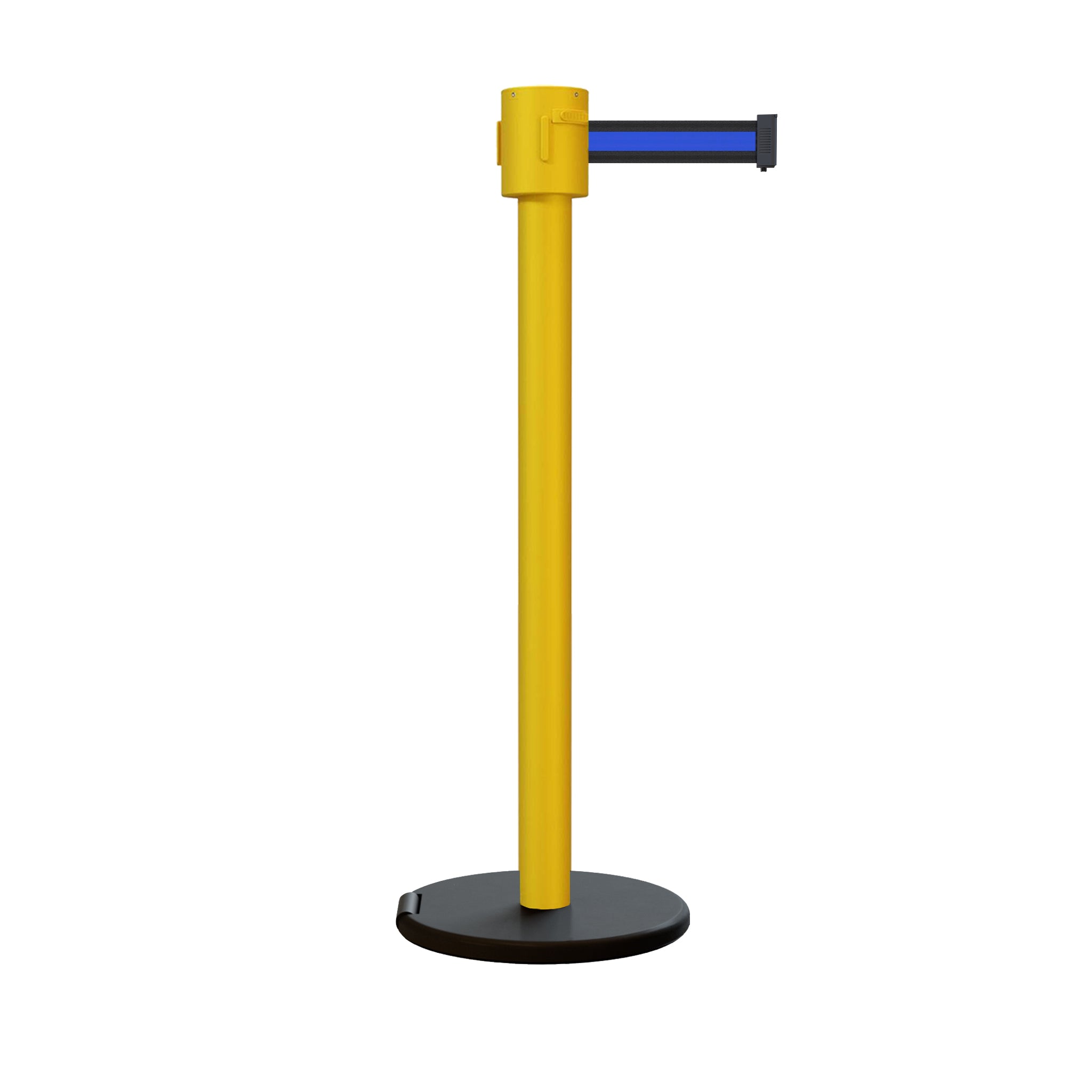 Retractable Belt Barrier Stanchion, Roller Base, Yellow Post, 35 ft Belt - Montour Line MSE760 - Crowd Control Warehouse