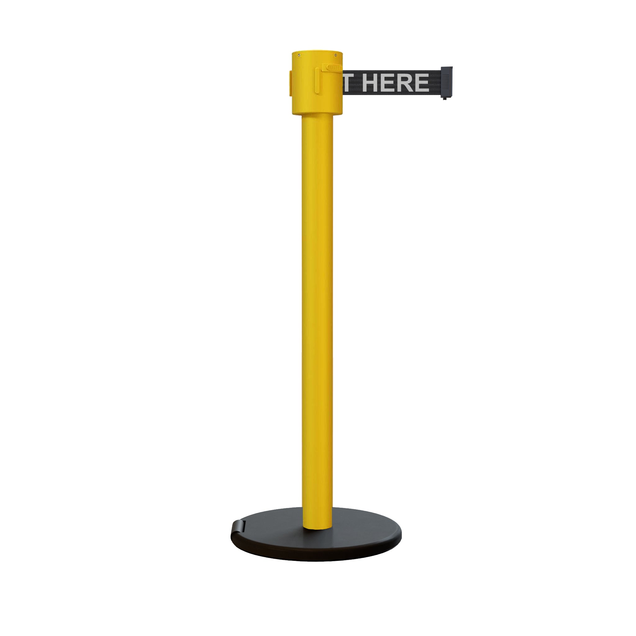 Retractable Belt Barrier Stanchion, Roller Base, Yellow Post, 35 ft Belt - Montour Line MSE760 - Crowd Control Warehouse