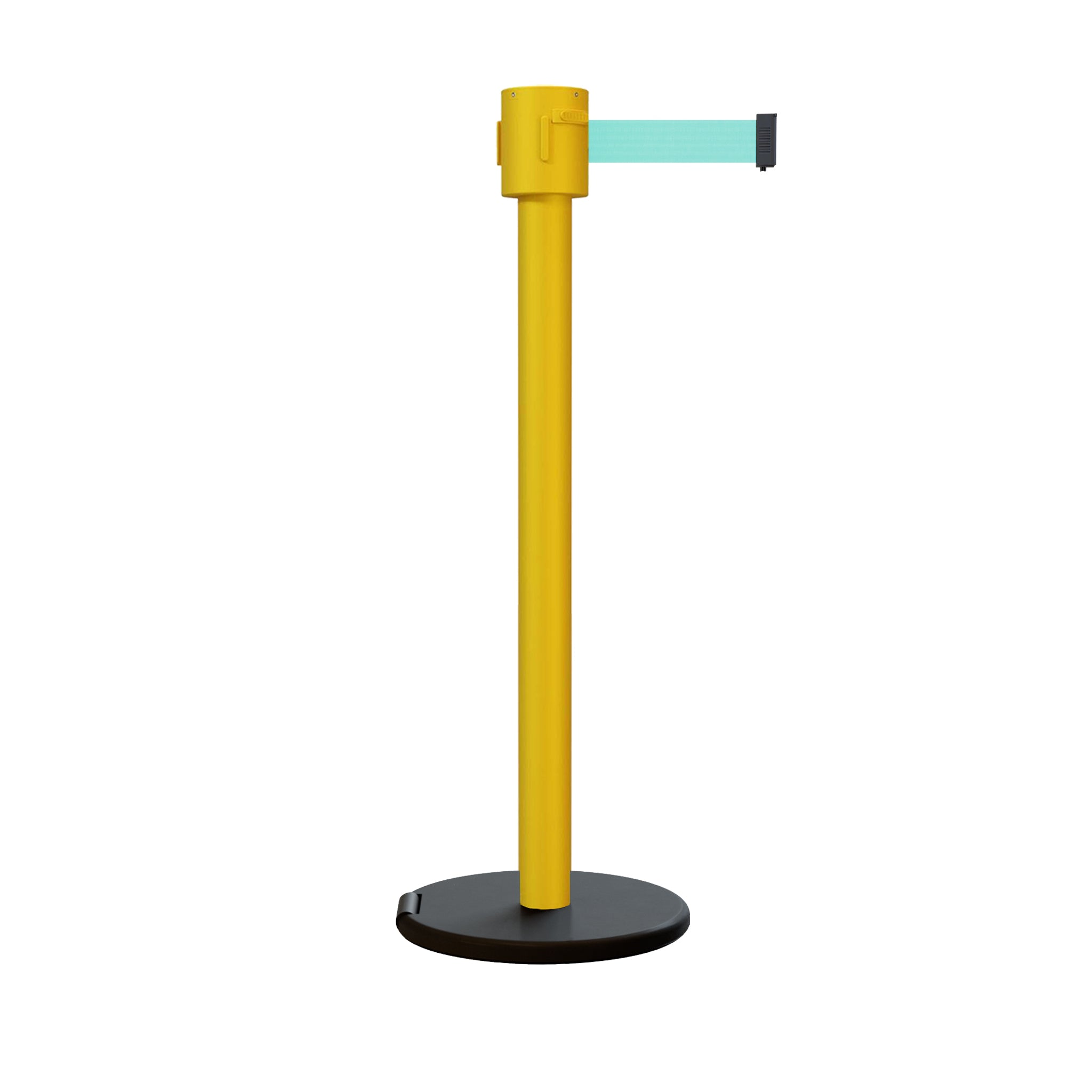 Retractable Belt Barrier Stanchion, Roller Base, Yellow Post, 35 ft Belt - Montour Line MSE760 - Crowd Control Warehouse
