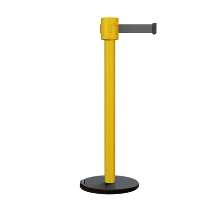 Retractable Belt Barrier Stanchion, Roller Base, Yellow Post, 35 ft Belt - Montour Line MSE760 - Crowd Control Warehouse