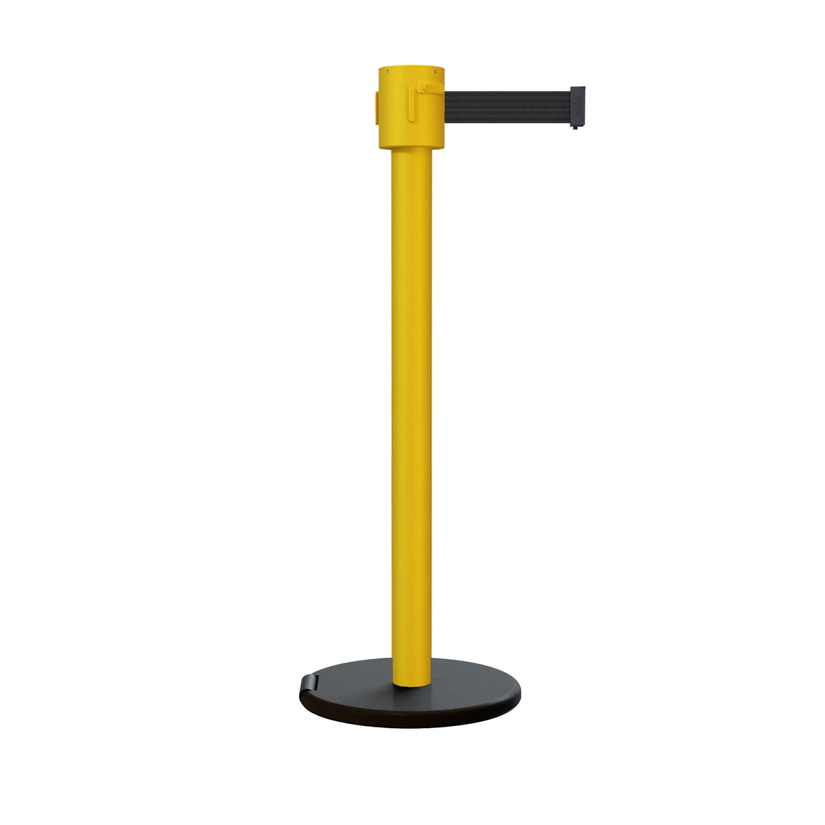 Retractable Belt Barrier Stanchion, Roller Base, Yellow Post, 35 ft Belt - Montour Line MSE760 - Crowd Control Warehouse