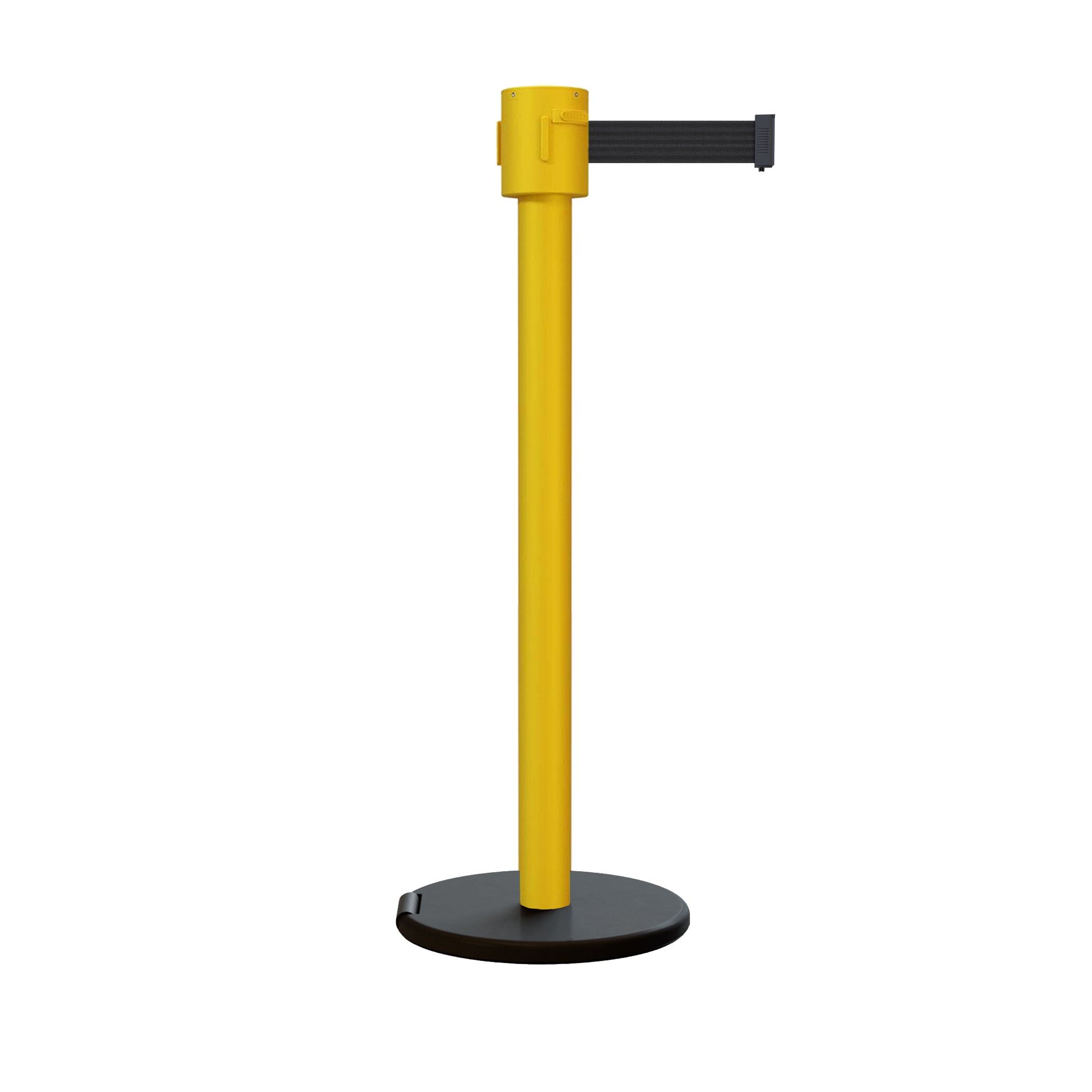 Retractable Belt Barrier Stanchion, Roller Base, Yellow Post, 35 ft Belt - Montour Line MSE760 - Crowd Control Warehouse