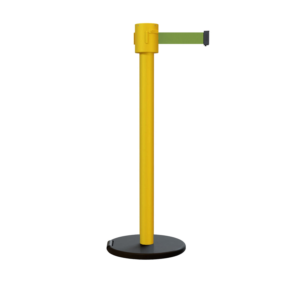 Retractable Belt Barrier Stanchion, Roller Base, Yellow Post, 35 ft Belt - Montour Line MSE760 - Crowd Control Warehouse