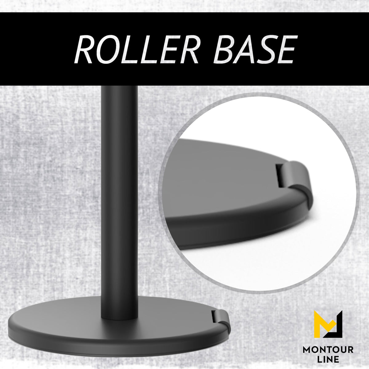 Retractable Belt Barrier Stanchion, Roller Base, Yellow Post, 35 ft Belt - Montour Line MSE760 - Crowd Control Warehouse
