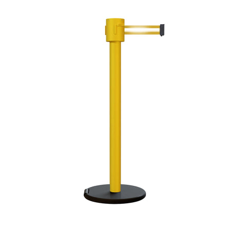 Retractable Belt Barrier Stanchion, Roller Base, Yellow Post, 35 ft Belt - Montour Line MSE760 - Crowd Control Warehouse
