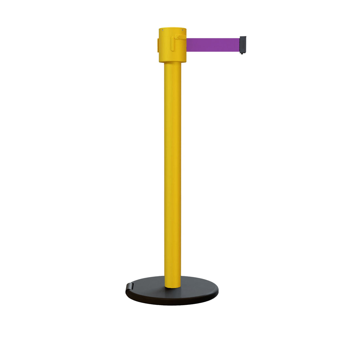 Retractable Belt Barrier Stanchion, Roller Base, Yellow Post, 35 ft Belt - Montour Line MSE760 - Crowd Control Warehouse