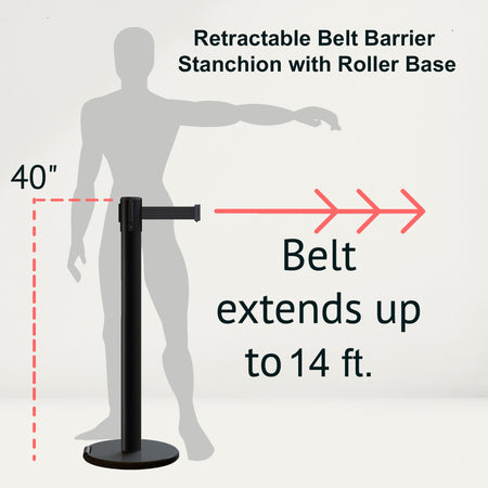 Retractable Belt Barrier Stanchion, Rolling Base, 14 ft Belt - Montour Line ME650 - Crowd Control Warehouse