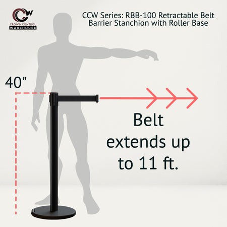 Retractable Belt Barrier Stanchion, Rolling Base, Black Steel Post, 11 ft Belt - Montour Line ME630 - Crowd Control Warehouse