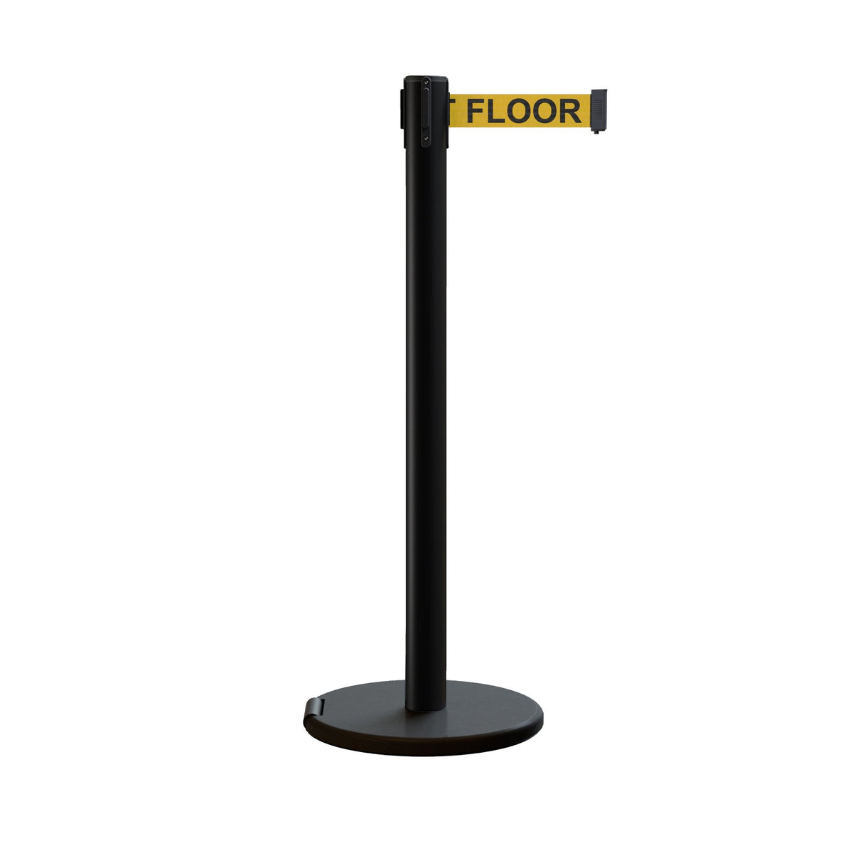 Retractable Belt Barrier Stanchion, Rolling Base, Black Steel Post, 11 ft Belt - Montour Line ME630 - Crowd Control Warehouse