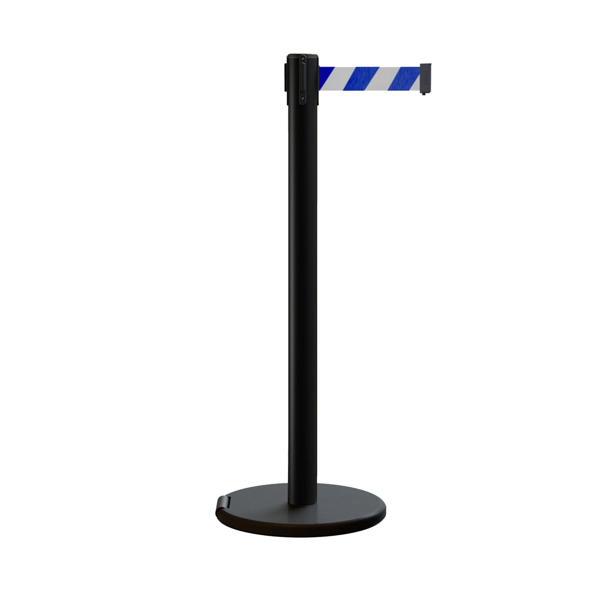 Retractable Belt Barrier Stanchion, Rolling Base, Black Steel Post, 11 ft Belt - Montour Line ME630 - Crowd Control Warehouse