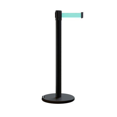 Retractable Belt Barrier Stanchion, Rolling Base, Black Steel Post, 11 ft Belt - Montour Line ME630 - Crowd Control Warehouse