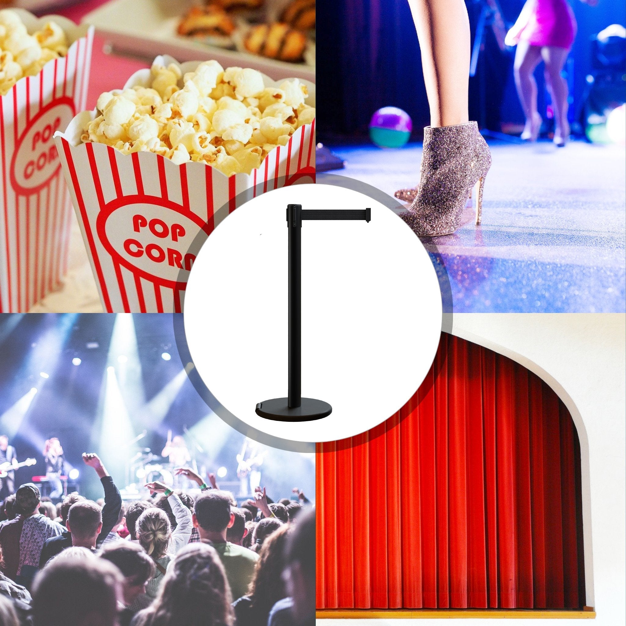 Retractable Belt Barrier Stanchion, Rolling Base, Black Steel Post, 11 ft Belt - Montour Line ME630 - Crowd Control Warehouse