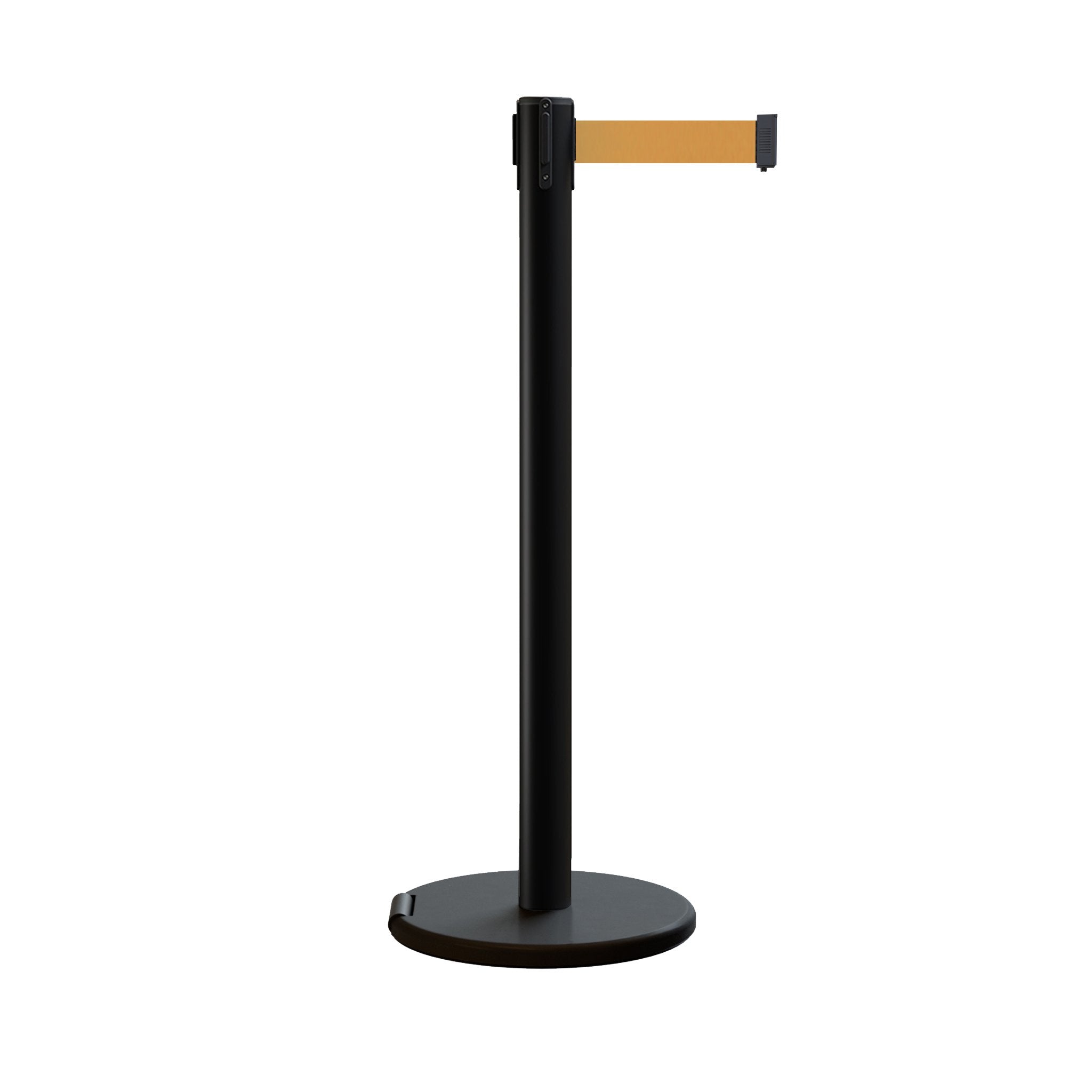 Retractable Belt Barrier Stanchion, Rolling Base, Black Steel Post, 11 ft Belt - Montour Line ME630 - Crowd Control Warehouse