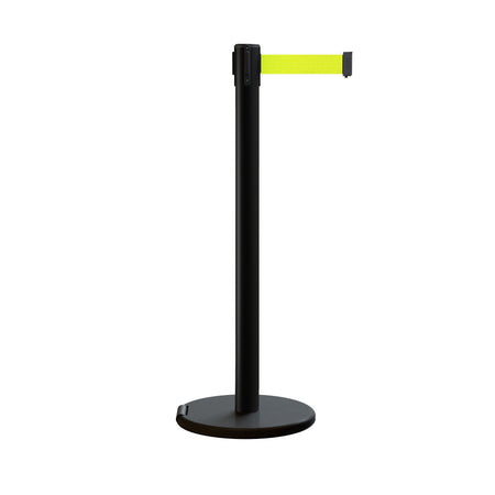Retractable Belt Barrier Stanchion, Rolling Base, Black Steel Post, 11 ft Belt - Montour Line ME630 - Crowd Control Warehouse