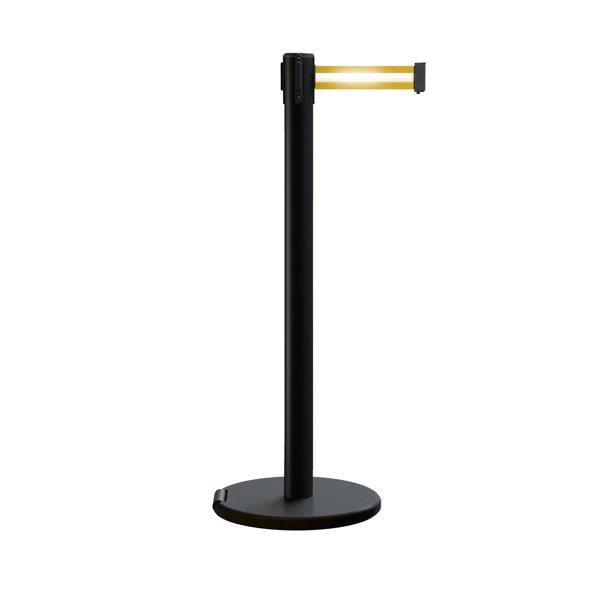 Retractable Belt Barrier Stanchion, Rolling Base, Black Steel Post, 7.5 ft Belt - Montour Line ME630 - Crowd Control Warehouse