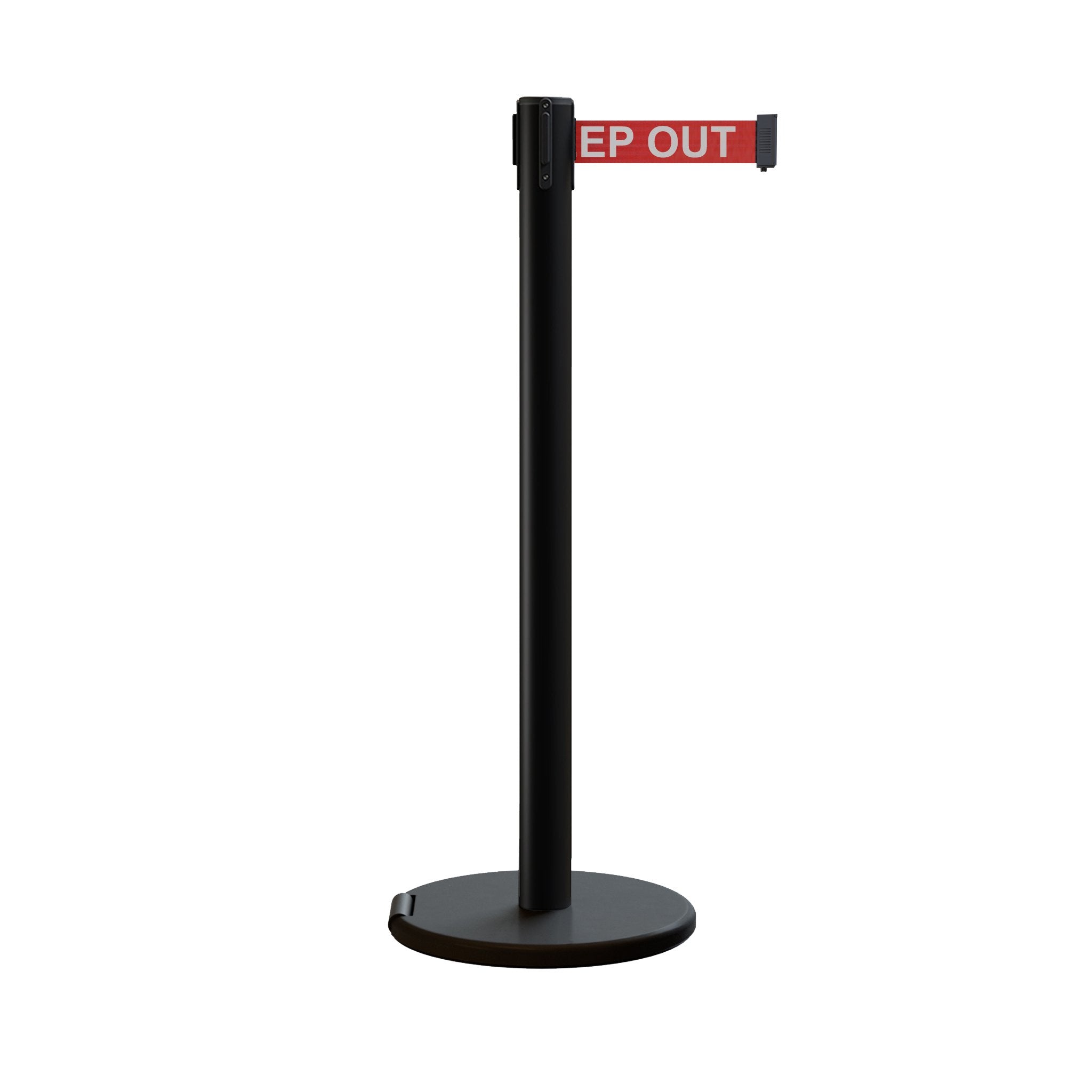Retractable Belt Barrier Stanchion, Rolling Base, Black Steel Post, 7.5 ft Belt - Montour Line ME630 - Crowd Control Warehouse