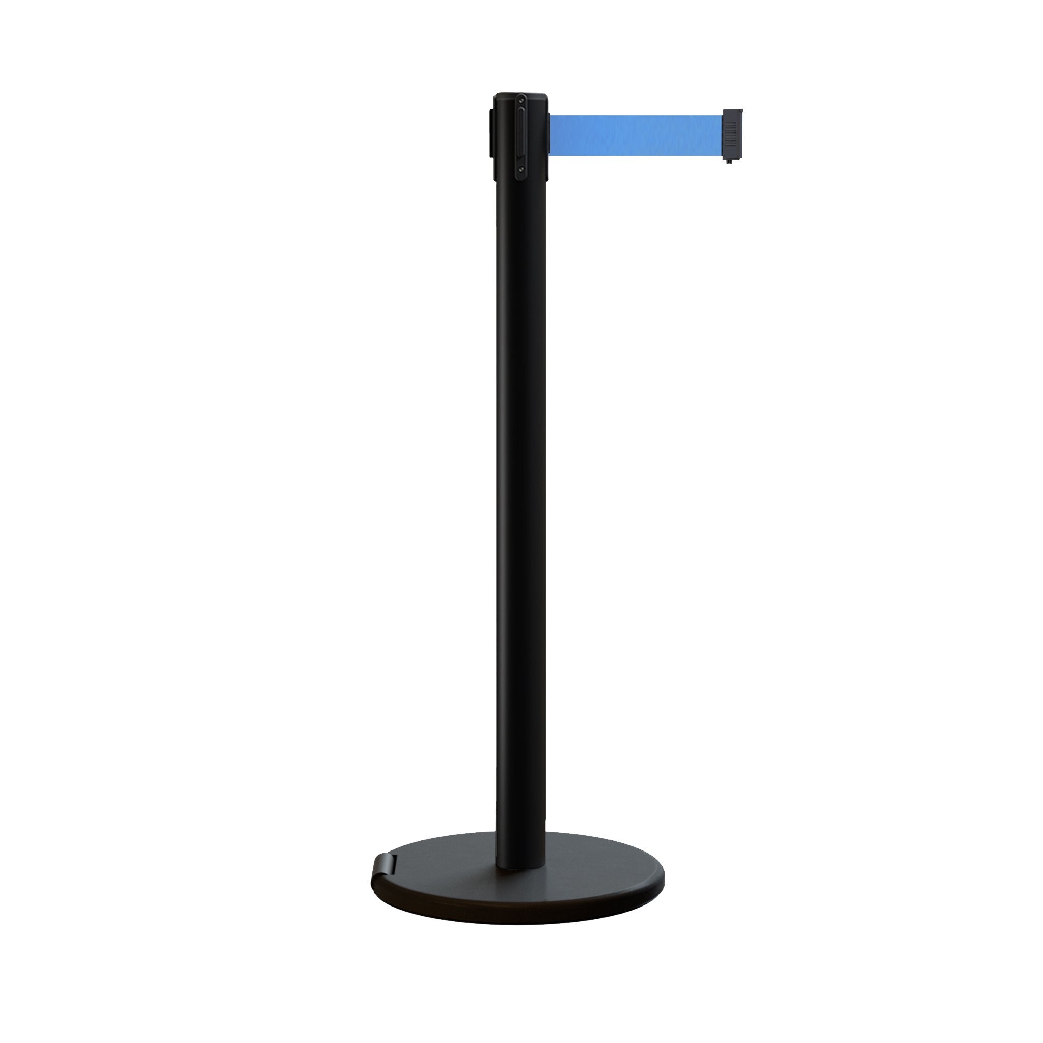 Retractable Belt Barrier Stanchion, Rolling Base, Black Steel Post, 7.5 ft Belt - Montour Line ME630 - Crowd Control Warehouse