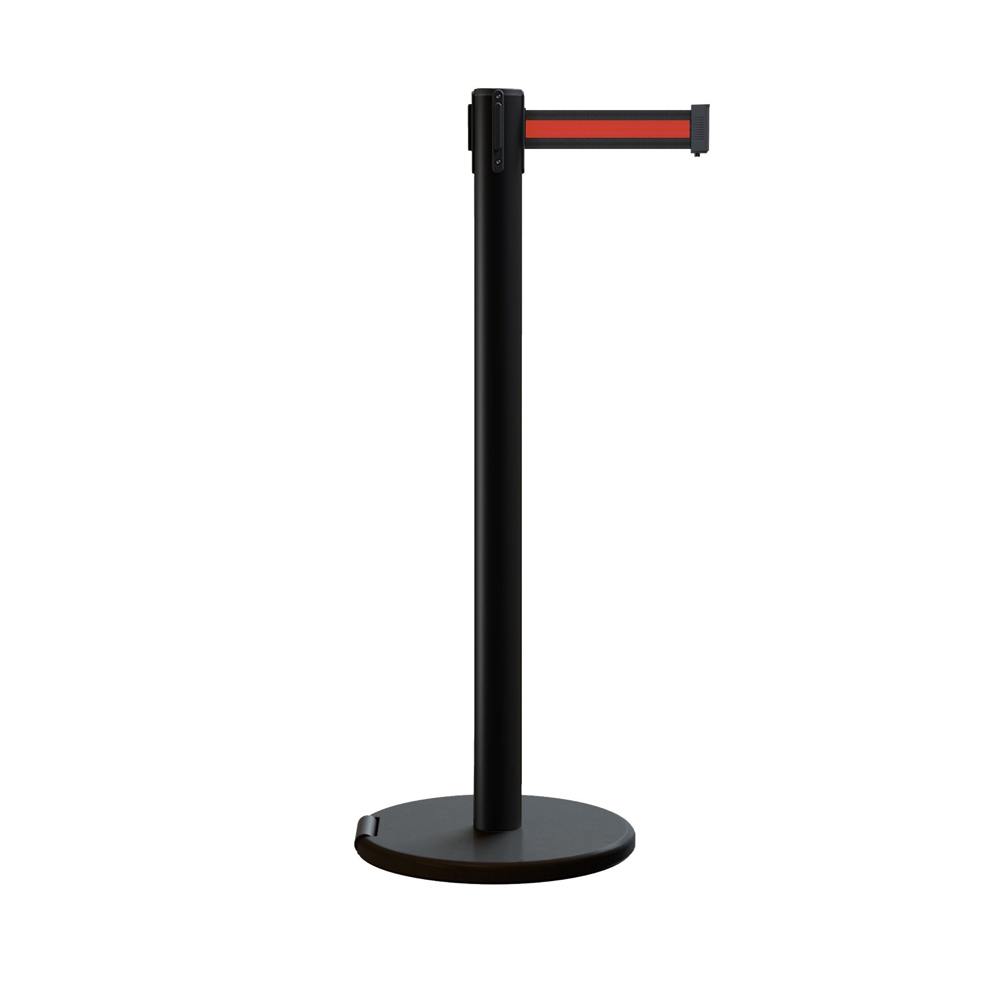 Retractable Belt Barrier Stanchion, Rolling Base, Black Steel Post, 7.5 ft Belt - Montour Line ME630 - Crowd Control Warehouse
