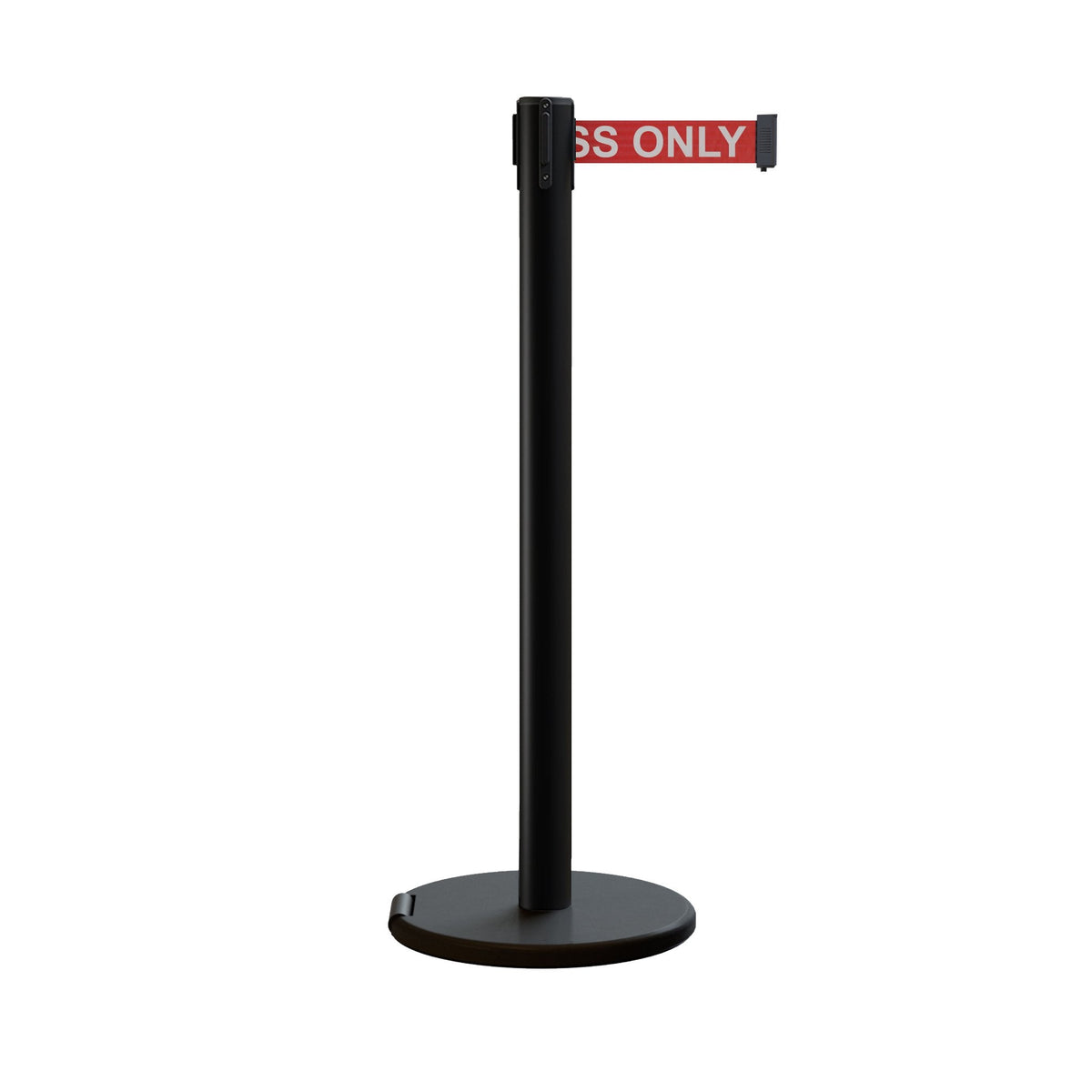 Retractable Belt Barrier Stanchion, Rolling Base, Black Steel Post, 7.5 ft Belt - Montour Line ME630 - Crowd Control Warehouse