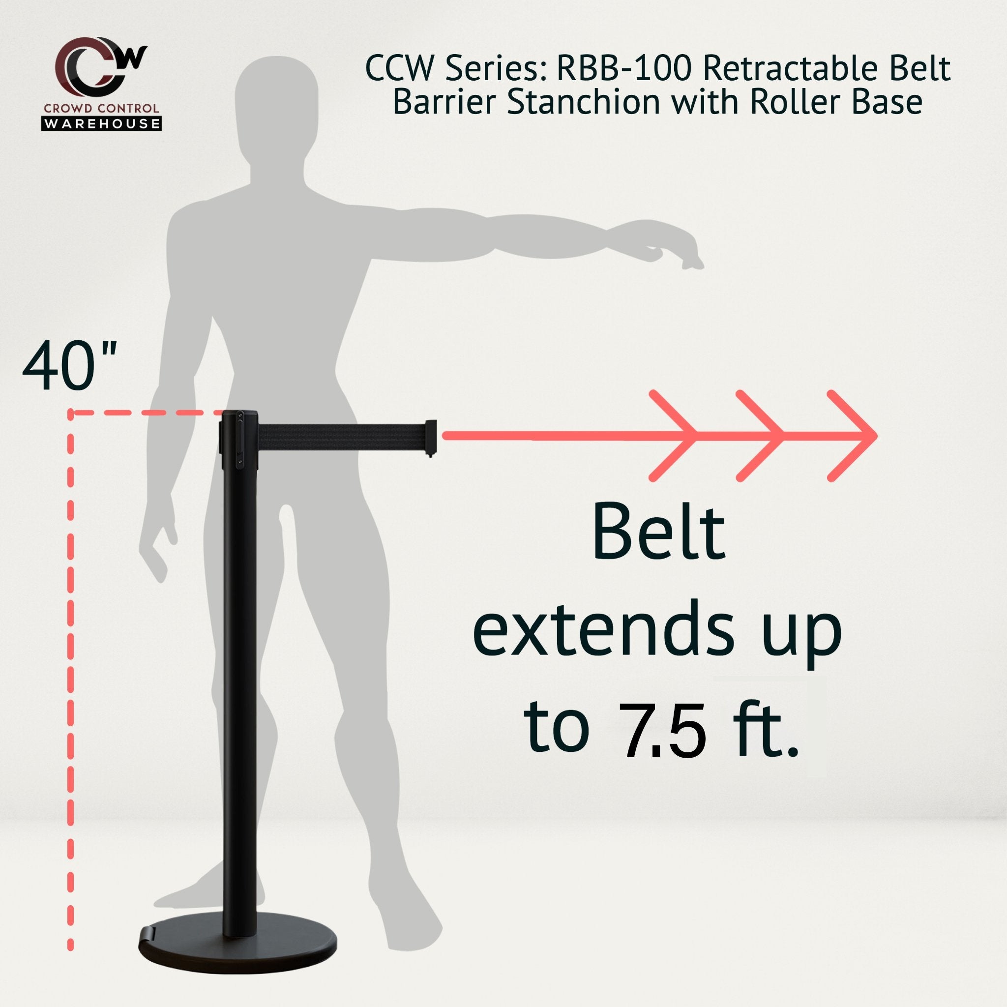 Retractable Belt Barrier Stanchion, Rolling Base, Black Steel Post, 7.5 ft Belt - Montour Line ME630 - Crowd Control Warehouse