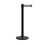 Retractable Belt Barrier Stanchion, Rolling Base, Black Steel Post, 7.5 ft Belt - Montour Line ME630 - Crowd Control Warehouse