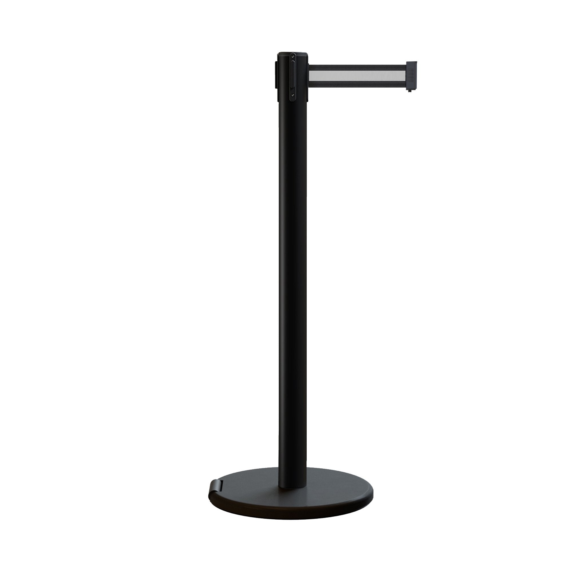 Retractable Belt Barrier Stanchion, Rolling Base, Black Steel Post, 7.5 ft Belt - Montour Line ME630 - Crowd Control Warehouse