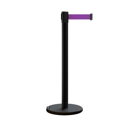 Retractable Belt Barrier Stanchion, Rolling Base, Black Steel Post, 7.5 ft Belt - Montour Line ME630 - Crowd Control Warehouse