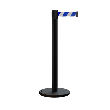 Retractable Belt Barrier Stanchion, Rolling Base, Black Steel Post, 7.5 ft Belt - Montour Line ME630 - Crowd Control Warehouse
